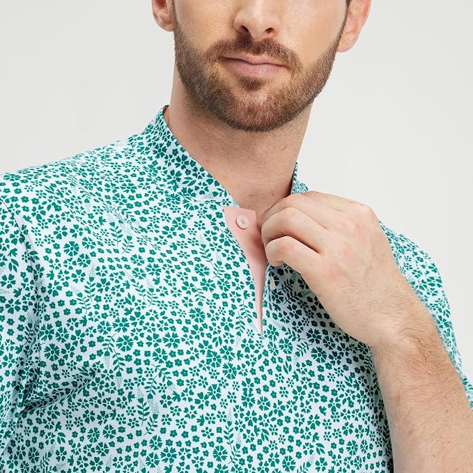 M MAELREG Golf Shirts for Men Collarless Performance Dry Fit Stretch Henley Casual Printed Mens Polo Shirts Short Sleeve