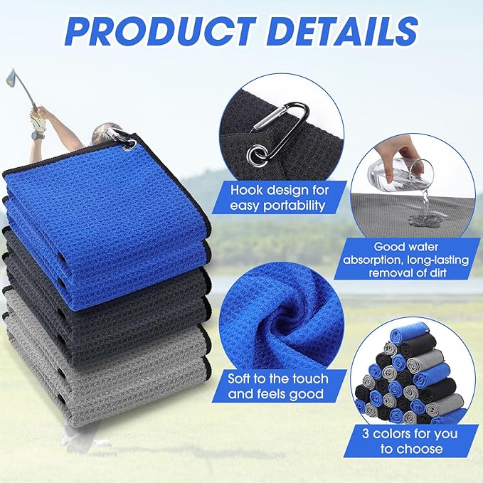 Batiyeer Golf Towels Bulk for Bags, 16"x16" Microfiber Waffle Pattern Golf Towel with Clip for Tournament, Club, Fitness