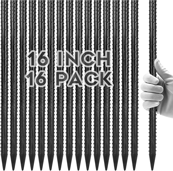 Gbekery 16 Inches Rebar Stakes(16pcs) Heavy Duty Straight Metal Ground Anchors with Chisel Point Ends for Timber,Concrete,Plant Support,Camping Tents,3/8 Inch Thickness Garden Stakes,Black