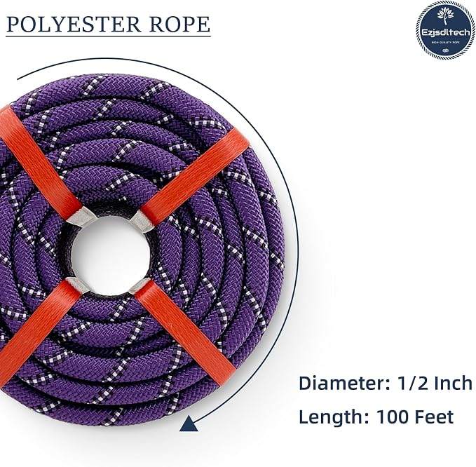 1/2 in x 100 ft Polyester Arborist Rigging Rope, Purple Braided Tree Climbing Rope 48 Strands for Farm Work and Swinging