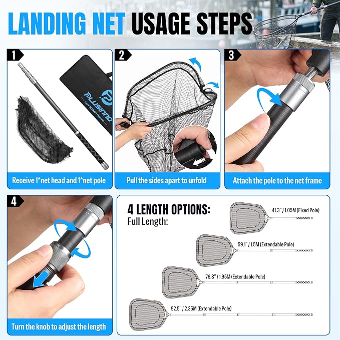 PLUSINNO Large Fishing Net, 3.4-7.7 FT Carbon Fiber Fish Net with Long Telescoping Handle, Kayak Fishing Gear Accessories Foldable Landing Net for Bass, Trout, Catfish, Fishing Gifts for Men Father