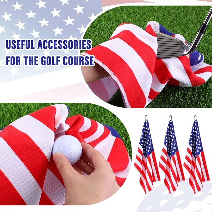Batiyeer 3 Pack American Flag Golf Towels Independence Day Caddy Towels Gifts Large 16 x 24 Waffle Pattern with Carabiner Clip, Ultra-Absorbent Golf Gear for Men Fourth of July Gifts, Red Blue White
