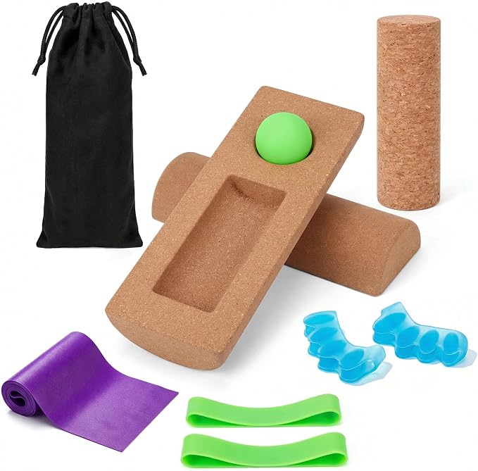 Cork Balance Board, 4-in-1 Foot & Ankle Strengthener Kit with Massage Roller, Ball, Resistance Bands & Toe Separators, Premium Balance Trainer for Physical Therapy, Plantar Fasciitis Relief & Stability Training