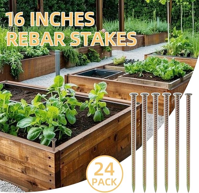 16 Inch Rebar Stakes, 1/2 Inch Diameter Galvanized Steel Ground Anchors, Heavy Duty Metal Spikes for Speed Bump, Wheel Stop, Parking Curb and Tent (24 Pack, Golden)