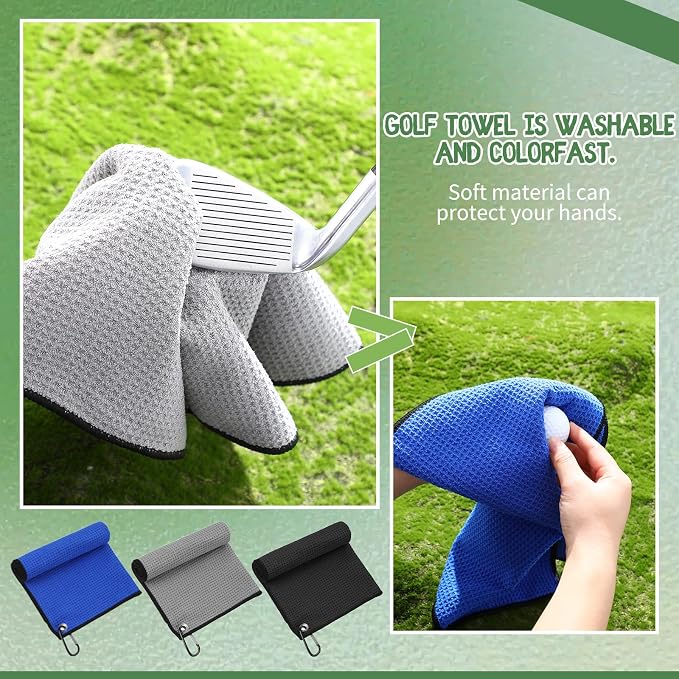 Batiyeer 30 Pcs Bulk Golf Towels for Golf Bags 16'' x 16'' Microfiber Fabric Golf Towel Waffle Pattern with Clip for Bags Men Mini Tournament Fitness Yoga Camping(Black, Blue, Gray)