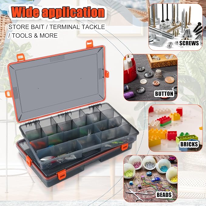 Wonderjune 12 Pack Fishing Tackle Boxes Waterproof 3600 and 3700 Tackle Trays with Removable Dividers Plastic Storage Organizer Bait Vault Camouflage Box for Freshwater Saltwater (Orange,3600)