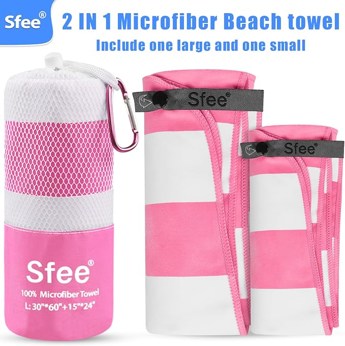 Sfee 2 in 1 Microfiber Beach Towel, Quick Dry Towel Camping Towel Travel Towel Super Absorbent Compact Lightweight Sports Gym Towels Set for Beach, Gym, Hiking, Pool, Backpacking, Bath, Yoga
