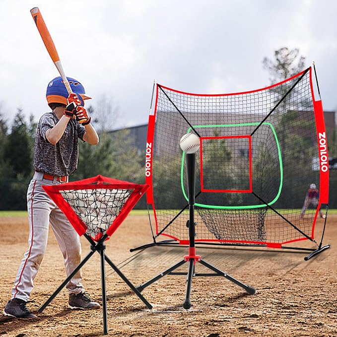 ZONLOLO 6x6ft Portable Baseball & Softball Net for Hitting，Pitching and Throwing, with Sturdy Bow Frame,Battting Tee,Ball Caddy and 2 Strike Zones, Perfect Pitching net for Kids!
