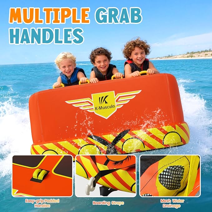 Towable Tubes for Boating - 2-3 Person Shark Battle Tank, Boat Tubes & Towables, EVA Foam Pads, Drainage, Super Safe Handle, Quick Connector