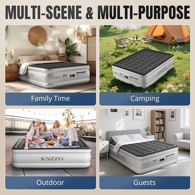 KNZZO Queen Air Mattress with Built-in Pump, 18" Top Inflatable Mattress with Waterproof Flocking Fabric, Three-Minute Quick-Inflatable Bed. Portable Blow Up Mattress for Home, Outdoor and Guests