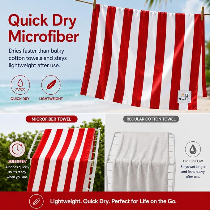 Oversized Microfiber Beach Towel 71x36 Inch, Quick Dry Sand Free Travel Towel, Lightweight Sueded Beach Blanket for Pool, Camping, Yoga & Beach Trips (Red/White)