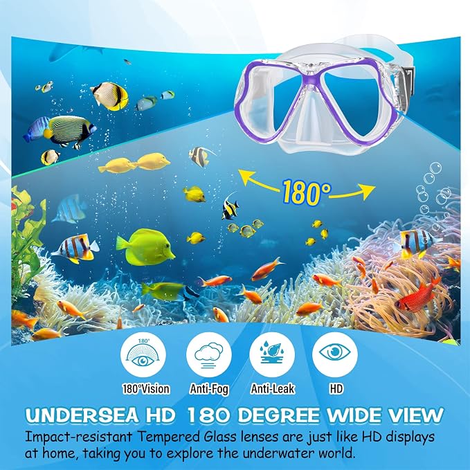 Greatever Dry Snorkel Set,Panoramic Wide View Anti-Fog Scuba Diving Mask,Professional Snorkeling Gear for Adults Kids