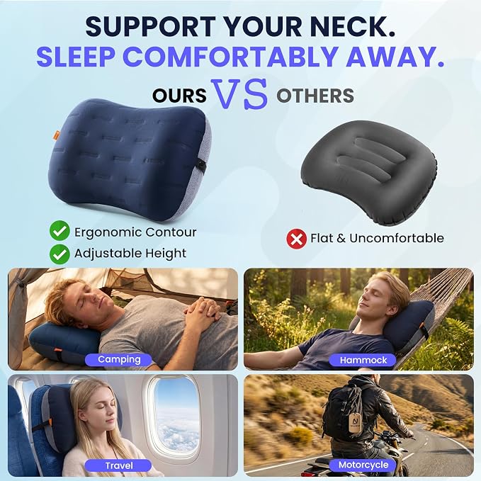 Inflatable Camping Pillow - Ultralight Compact Air Pillow for Travel, Backpacking & Hiking - Ergonomic Neck & Lumbar Support - Portable Inflatable Pillow with Removable Washable Cover - (Navy Blue)