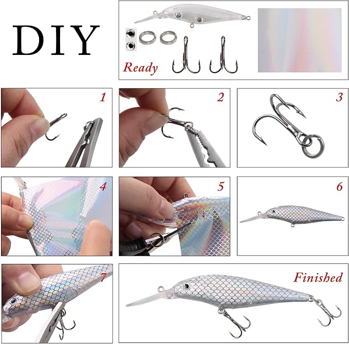 Blank Fishing Lure Kit,Unpainted Popper Plug Lures DIY Crank Bait Set Fishing Pliers Treble Hooks 3D/4D Lure Eyes Bait Sticker Split Rings,Fish Tackle Accessories Kits