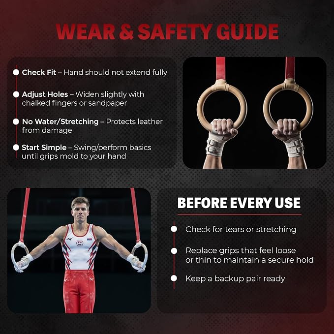 Reisport Protec Ring Gymnastics Grips for Men - Triple Strength Leather Hand Grips for Gymnastics Rings - Gymnastics Equipment & Accessories for Advanced Gymnasts