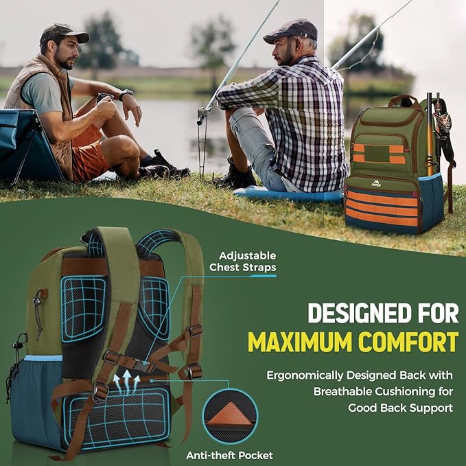 MATEIN Fishing Backpack Tackle Box, Water Resistant Tackle Backpack with Cooler & Rod Holders, Fishing Gifts for Men