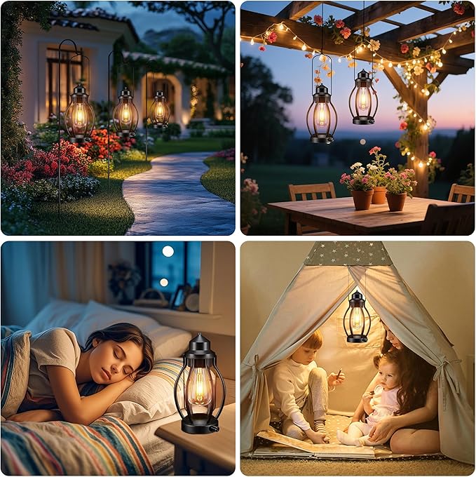 Rechargeable Outdoor Camping Lanterns 2Pack, Vintage Dimmable Hanging Outdoor Lanterns with Timer, Waterproof Battey Powered Indoor Table Lamps for Patio, Garden, Porch Decorations
