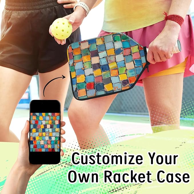 Colorful Titles Wall Universal Pickleball Paddle Cover 12.4 × 9.45 inch Racket Sleeve with Handle Strap Mesh Pocket Fits USAPA Standard Widebody Paddles 2 PCS
