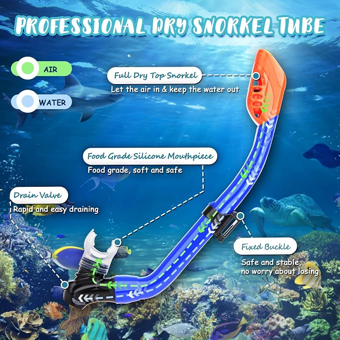 Snorkeling Gear for Kids, 4 in 1 Child Mask Fins Snorkel Set with Panoramic View Anti Fog Mask, Dry Top Snorkel, Trek Fins and Travel Bag, Kids Snorkeling Set with Fins for Snorkeling Swimming