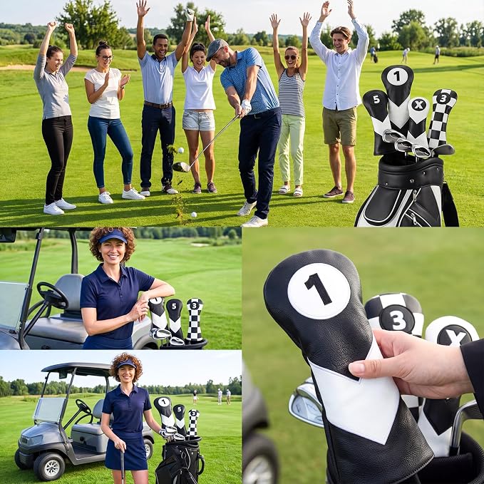 16 Pcs Golf Accessories Kit, 4 Pcs Leather Golf Club Headcovers for Woods, Drivers & Hybrids with Magnetic Ball Marker, Tees & Cleaning Brush Set for Men & Women