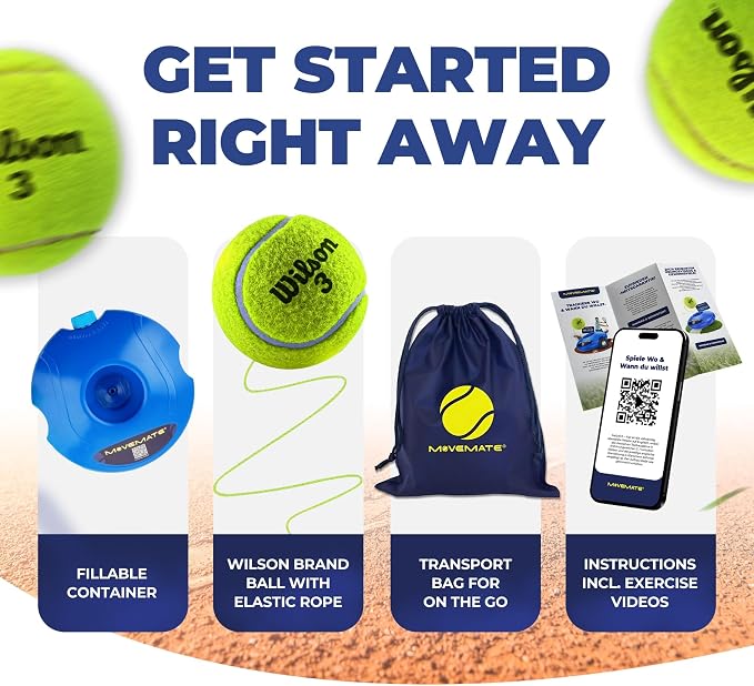 MOVEMATE Tennis-Trainer Set with Wilson® Tennis Ball | Innovative Ball Game for Outdoors, in The Garden, in The Park for Children & Adults | Incl. Transport Bag & Exercise Videos