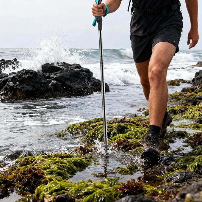 Trekking Pole Tactical Walking Stick, Multifunctional Lightweight Aircraft Aluminum Collapsible Survival Hiking Pole with Storage Bag for Women Men Seniors Camping Backpacking