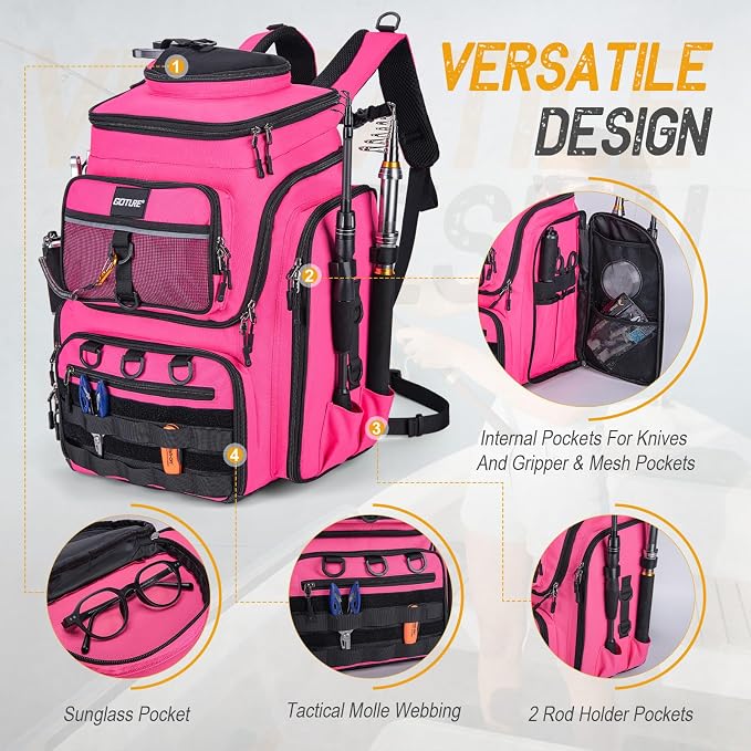 Goture Fishing Backpack,900D Water-Resistant Tackle Bag with Rod Holders, Insulated Cooler Compartment,55L Large Capacity Fishing Gear Storage for Saltwater&Freshwater Camping Hiking,Gifts for Women