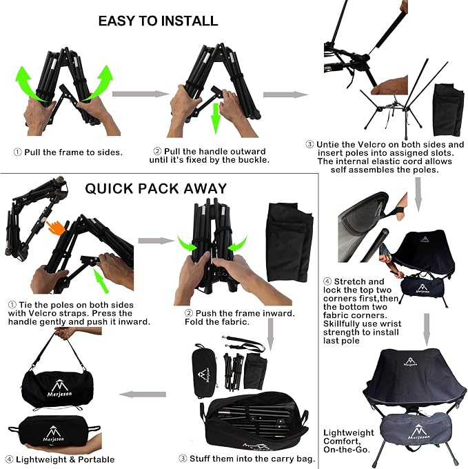 Portable Camping Chair Backpacking Chair, Ultralight Folding Chair-Compact, Lightweight Foldable Chairs for Hiking Mountaineering, Beach, Picnic (Black)