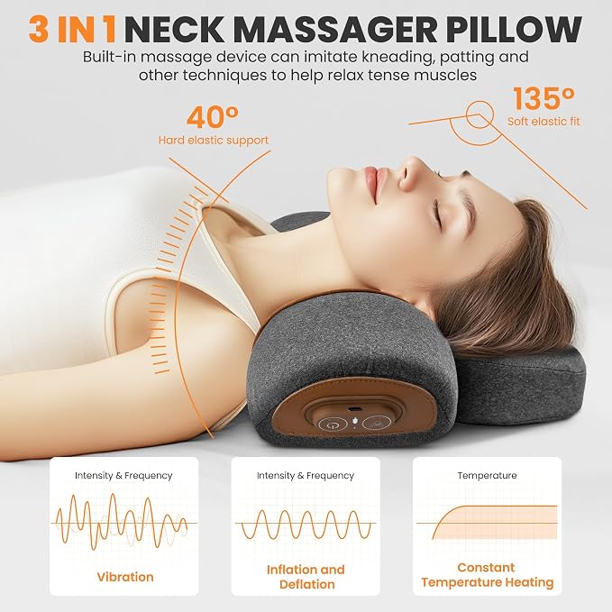 3-in-1 Neck Massage Pillow—with Heat, Massage, and Traction Stretching,Deep Tissue Massage Relieves Shoulder and Neck Muscle Pain and Stiffness,Suitable for Men and Women, Grey