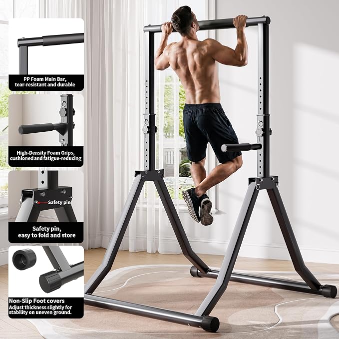 Foldable Power Tower Dip Station for Pull Ups, 58.3"-76.8" 12 Level 700 LBS, Adjustable Dip Handles & Assistance Bands Foldable Home Gym Equipment