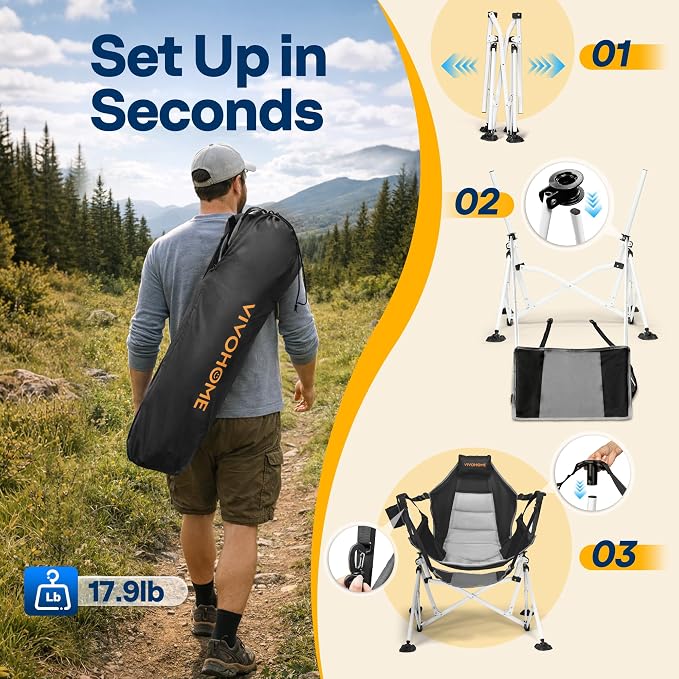 VIVOHOME Hammock Camping Chair with Removable Footrest, Portable Outdoor Swinging Rocking Chairs for Adults with Adjustable Pillow, Back and Height for Travelling,Backyard, Patio, Supports 400 lbs