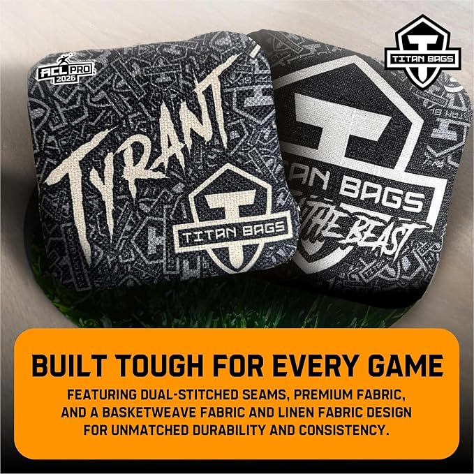 Titan Bags Tyrant Cornhole Bags – Regulation Cornhole Bean Bag with Linen Grip for Strategic Drag Shots, All-Weather Power Grip Pellets for Indoor and Outdoor Tossing