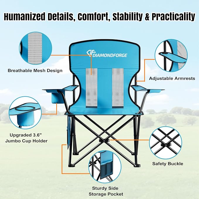 Camping Chair, 300 LBS High Back Breathable Mesh Lawn Chairs Folding (Blue) | Portable Outdoor Folding Camping Chairs for Adults, with Cup Holder for Picnic, Lawn, Beach, Park, Fishing and Sports
