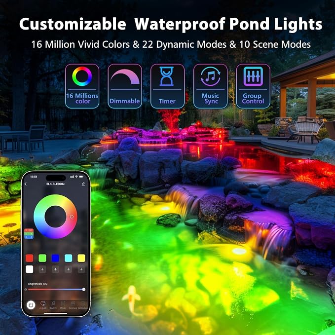 LyLmLe LED Pond Lights with APP Control, 6W SS316 Stainless Steel RGB Underwater Fountain Light with 12V Transformer, IP68 Waterproof Outdoor Underwater Lights for Pond Waterfall, Black Wire(2-Spots)
