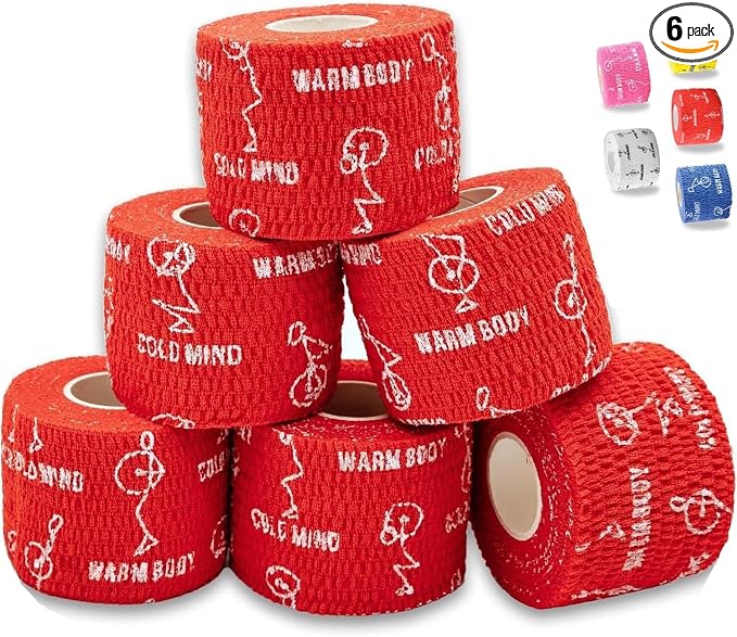 WARM BODY COLD MIND 1.85" Weightlifting Thumb Tape - Hook Grip Tape for Powerlifting, Cross Training, Gym Tape, Workout, Weight Lifting Tape, Athletic Finger Wrap (Red 6 Rolls)