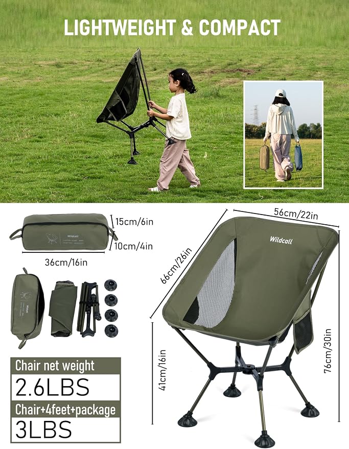 WildCall Lightweight Folding Camping Chair Quick Setup Frame Beach Chair Compact Backpacking Chair with Anti-Sink Feet