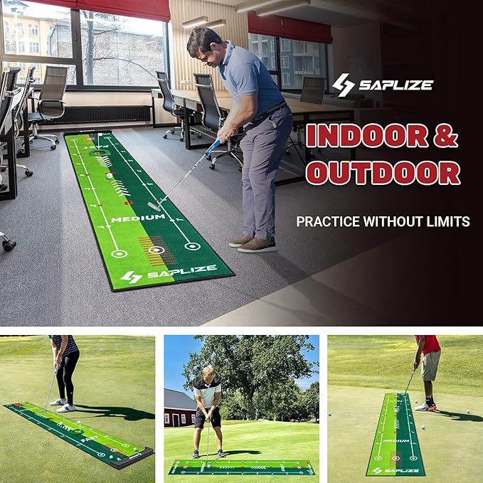SAPLIZE Golf Putting Mat with Alignment Mirror, Two-Speed Golf Practice Mat, 20 in x 10 ft Indoor Outdoor Putting Green with Anti-Slip Backing