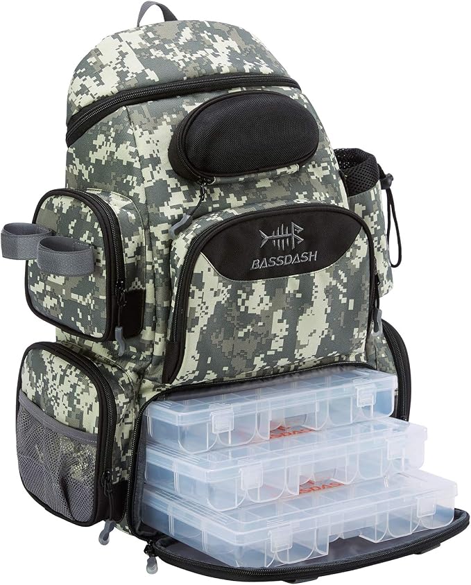 BASSDASH Fishing Tackle Backpack Water Resistant Tactical Bag Soft Tackle Box with Rod Holder and Protective Rain Cover