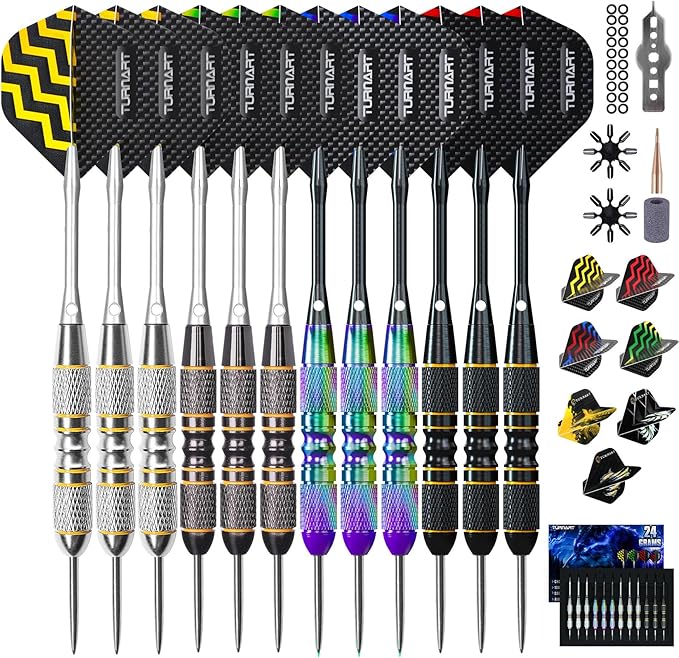 Turnart Darts Metal Tip Set - Steel Tip Darts Darts Set Professional Metal Darts 12 pcs 22/24 Grams Pro Dart Set with Stylish Case Aluminum Shafts Extra 9 Flights