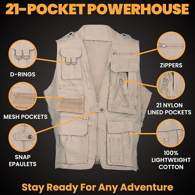 Humvee Utility Vest with 21 Pockets -Travel, Safari, Hunting, Camping, 100% Cotton, Tactical Jacket for Men & Women