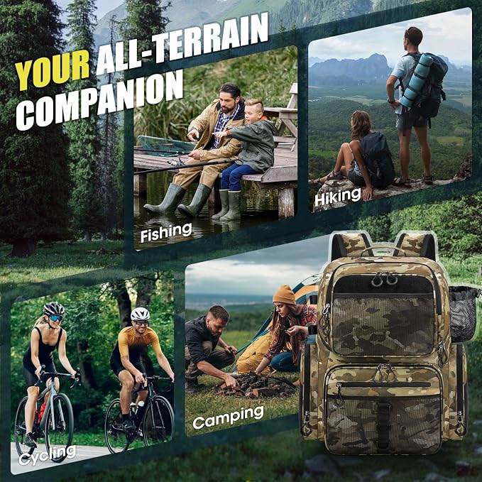 RAINSMORE 45L Fishing Backpack with Rod Holders & Rain Cover Large 900D Water-resistant Fishing Tackle Bag Store Fishing Gear