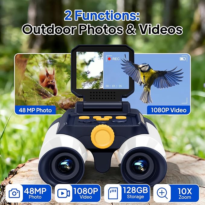 Kids Binoculars with Night Vision, 10x Optical Magnification Digital Binocular with 2.4" HD Screen & 20 Games, STEM Outdoor Exploration Camping Toys Gifts for Boys Girls Age 7-12+ (White&Purple)