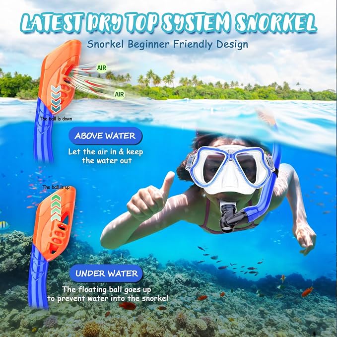 Snorkeling Gear for Kids, 4 in 1 Child Mask Fins Snorkel Set with Panoramic View Anti Fog Mask, Dry Top Snorkel, Trek Fins and Travel Bag, Kids Snorkeling Set with Fins for Snorkeling Swimming