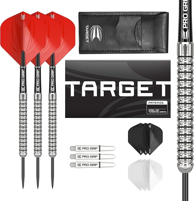 Target Darts Artemis Tungsten Steel Tip Dart Set, 21G/22G/23G/24G/25G/26G | Artemis Original | Artemis K-Flex Integrated Flight & Shaft | Professional Accessories Dart Kit, Dart Wallet Included