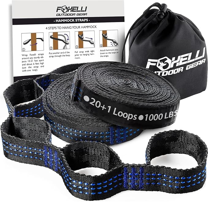 Foxelli XL Hammock Straps - Extra Long 20FT Heavy Duty No-Stretch Suspension System, 40+2 Loops, 2000 LBS Capacity, for Indoor/Outdoor Use – Set of 2 Straps & Carry Bag