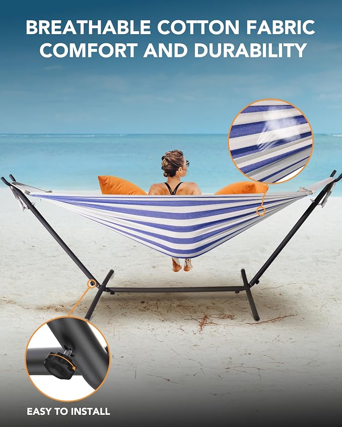 EveryFun Double Hammock with Heavy-Duty Steel Stand,Portable,Easy Assembly,600lbs Weight Capacity,Perfect for Indoor,Yard,Camping,or Outdoor-BlueWhite