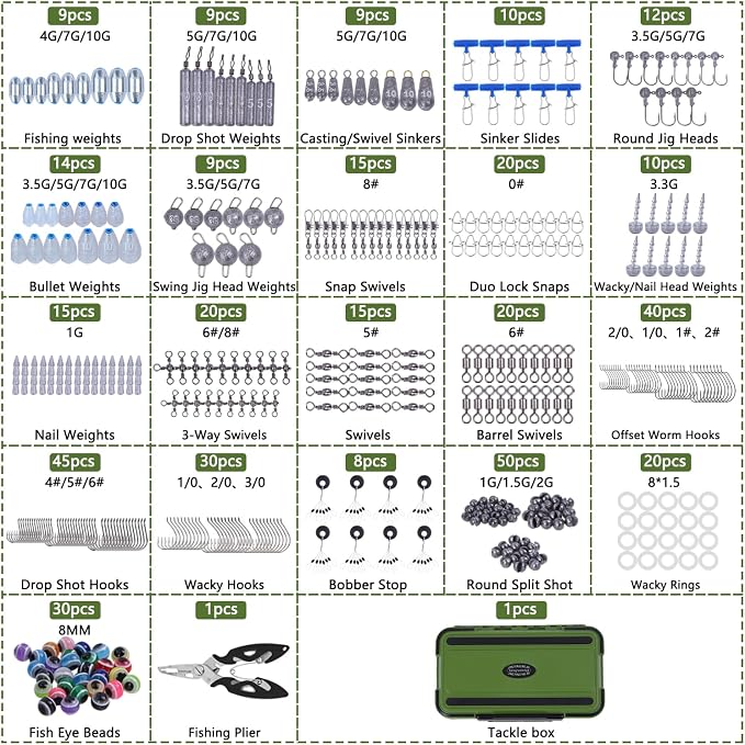 412Pcs Fishing Tackle Kit with Box,Fishing Gift for Men(Green) | Complete Fishing Accessories Kit-Hooks,Eye Beads,Sinkers&Swivels,Beads&Bobber Stops,Pliers for Freshwater Bass&Trout