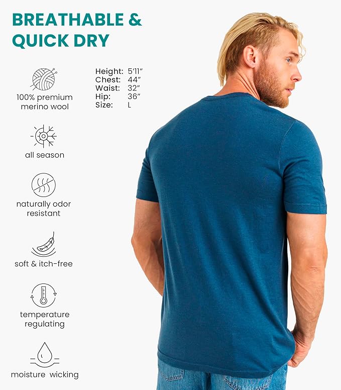 Merino Wool T-Shirt Mens - Merino Wool Undershirt Thermal Shirt for Men and Hiking Socks