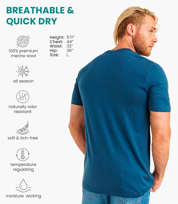 Merino Wool T-Shirt Mens - Merino Wool Undershirt Thermal Shirt for Men and Hiking Socks