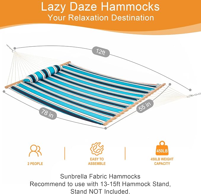 Lazy Daze Hammocks 12 FT Sunbrella Fabric Hammock Non-Fading with Spreader Bars and Free Pillow Fits for 2 Persons, All Weather and Fade Resistant for Patio Yard, 450 lbs Capacity, Token Surfside